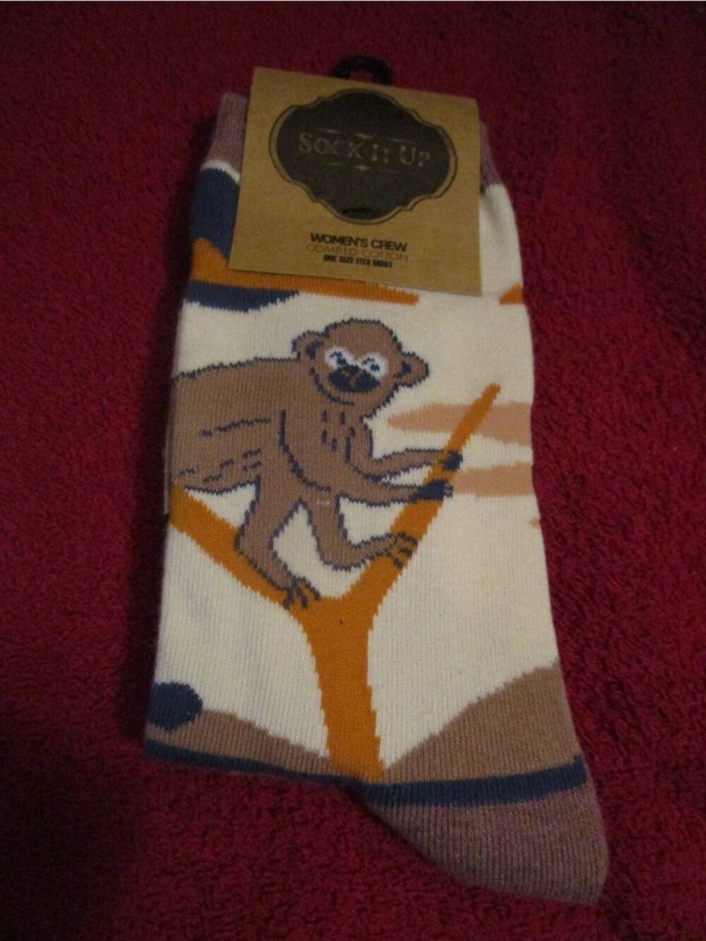 Sock It Up Women’s Crew Cotton Socks 1 Pair Fits 5-10 Shoe Isla Moon Monkey